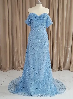 Blue Sequins Off Shoulder Sweep Train Party Dress, Blue Sweetheart Long Formal Dress