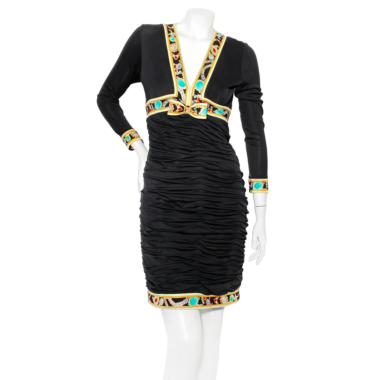 1990s Black and Jewel Print Ruched Dress