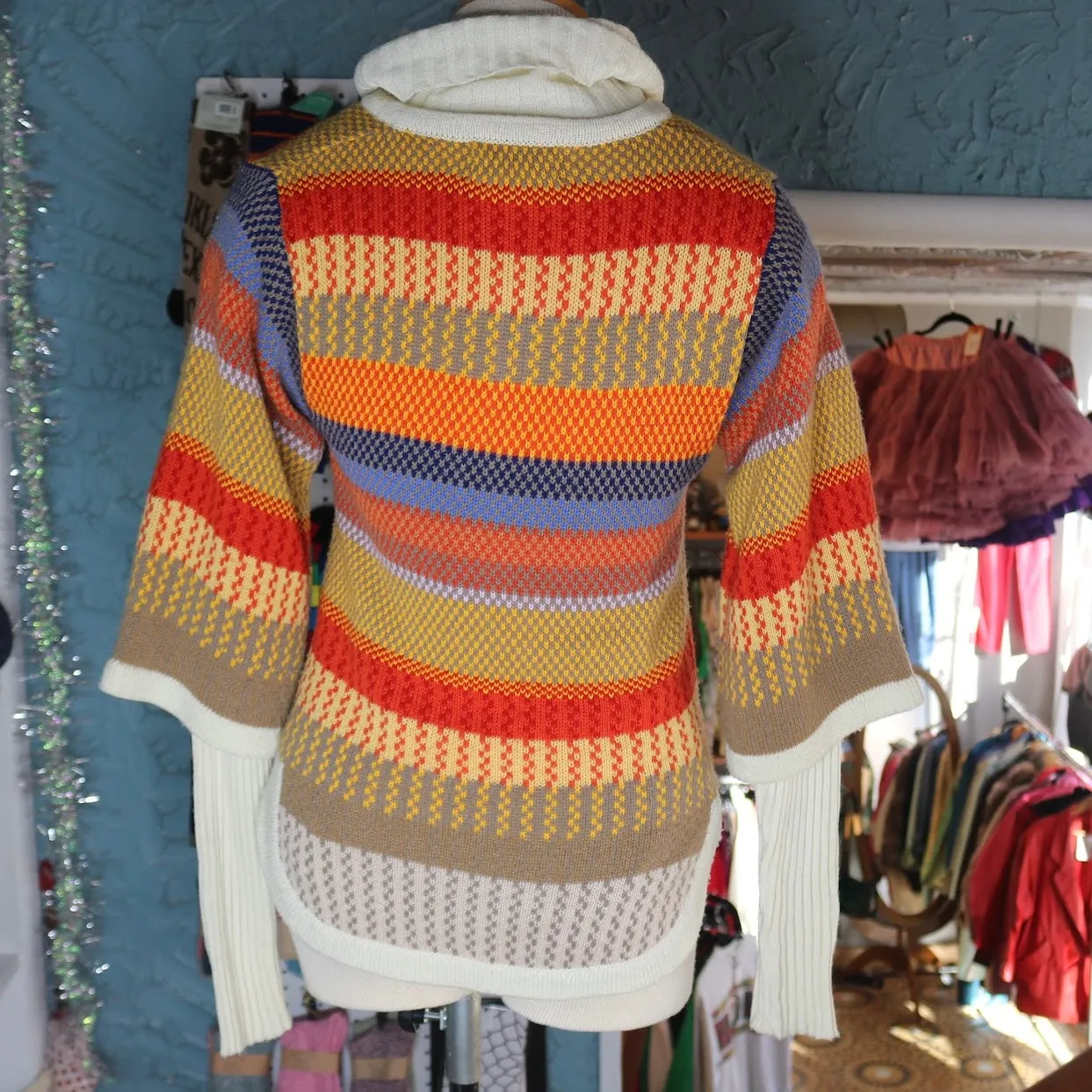 70s CollAgeDress Turtleneck w/Multicolor 3/4 Sleeve Sweater Set      M