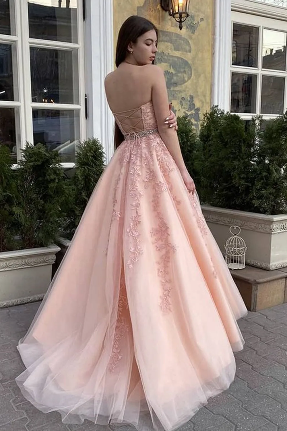 A Line High Neck Pink Lace Long Prom, Pink Lace Formal Graduation Evening