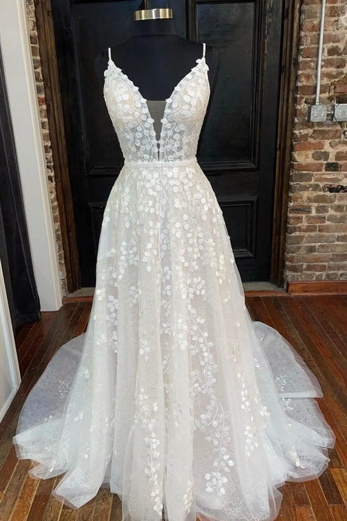 A Line V Neck Open Back White Lace Long Prom Dress, V Neck White Lace Formal Dress, White Lace Evening Dress A1502