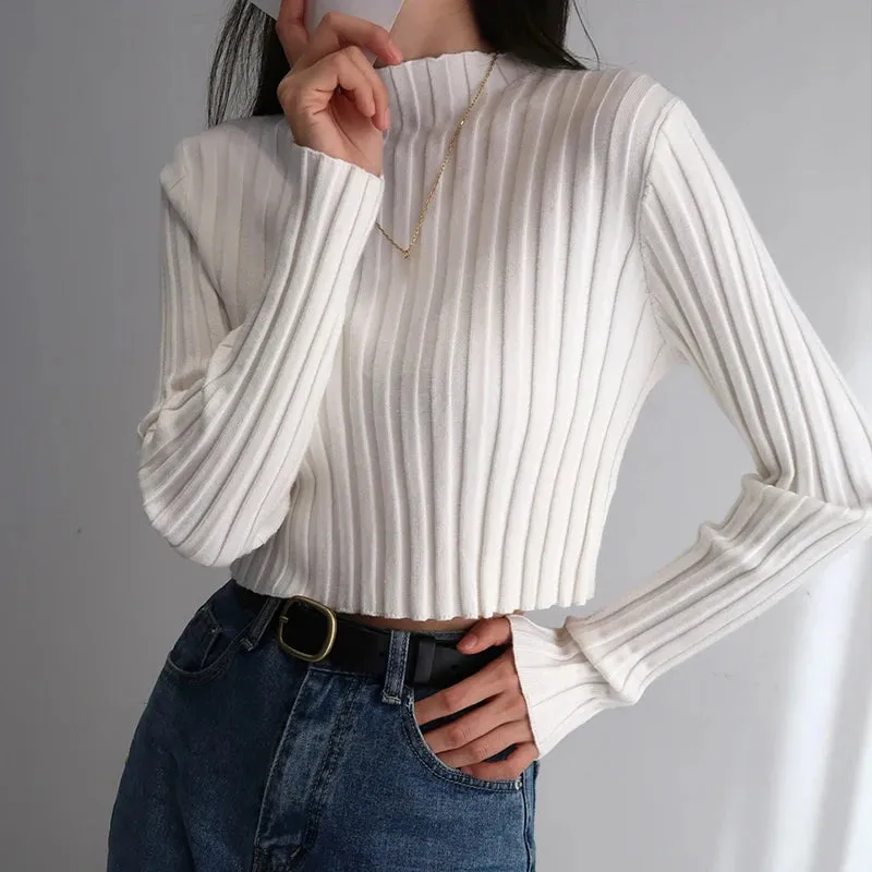 American Retro Stand Collar Solid Color Simple Slim Fit Fashion Short Knitted Long-sleeved Sweater