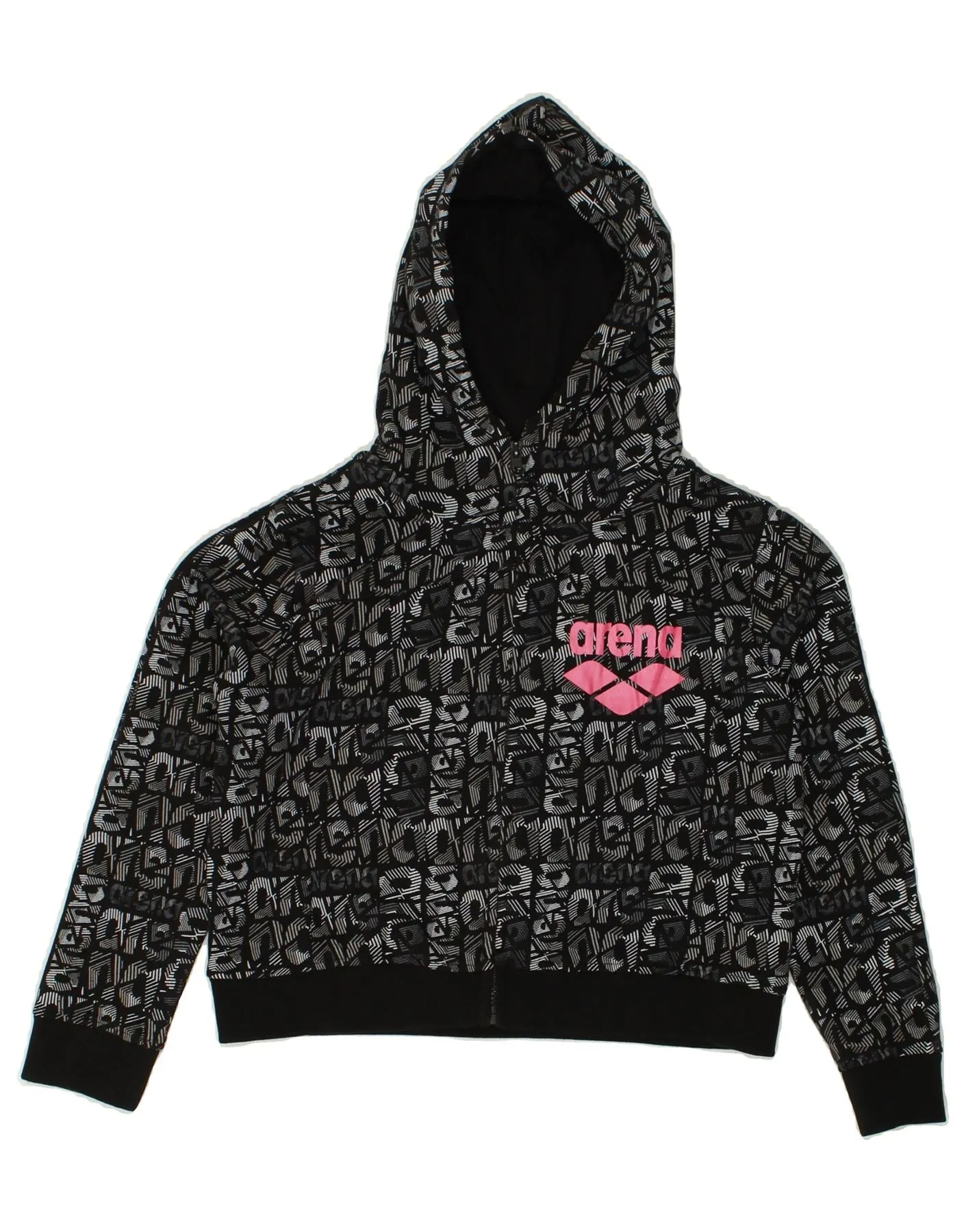 ARENA Girls Crop Abstract Pattern Zip Hoodie Sweater 9-10 Years Black