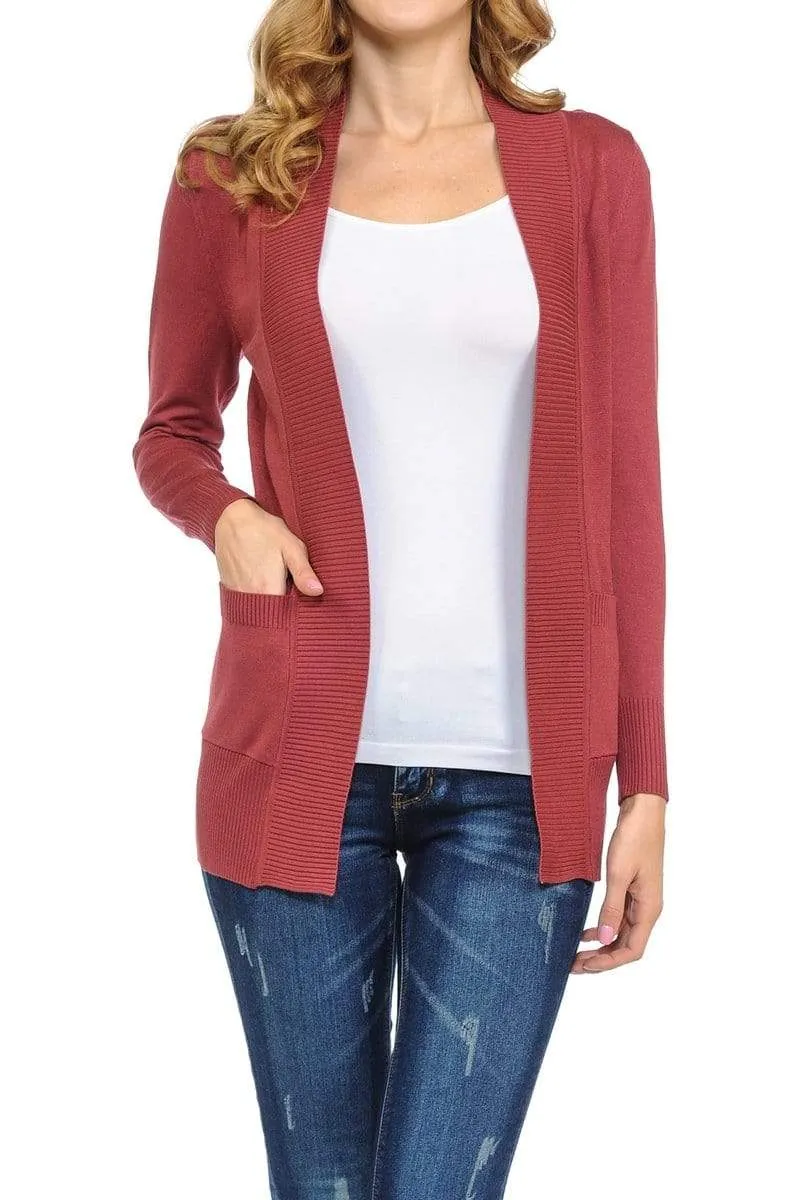 Auliné Collection Women's Classic Casual Solid Open Front Sweater Knit Cardigan