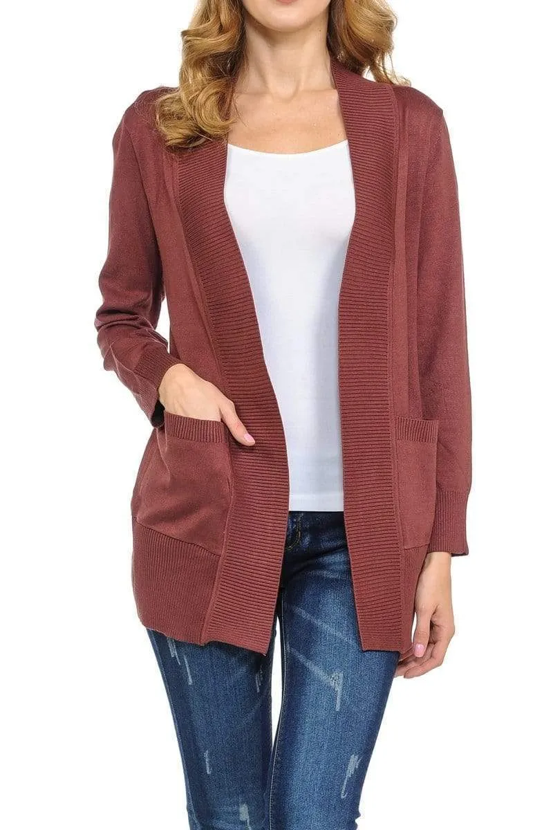 Auliné Collection Women's Classic Casual Solid Open Front Sweater Knit Cardigan