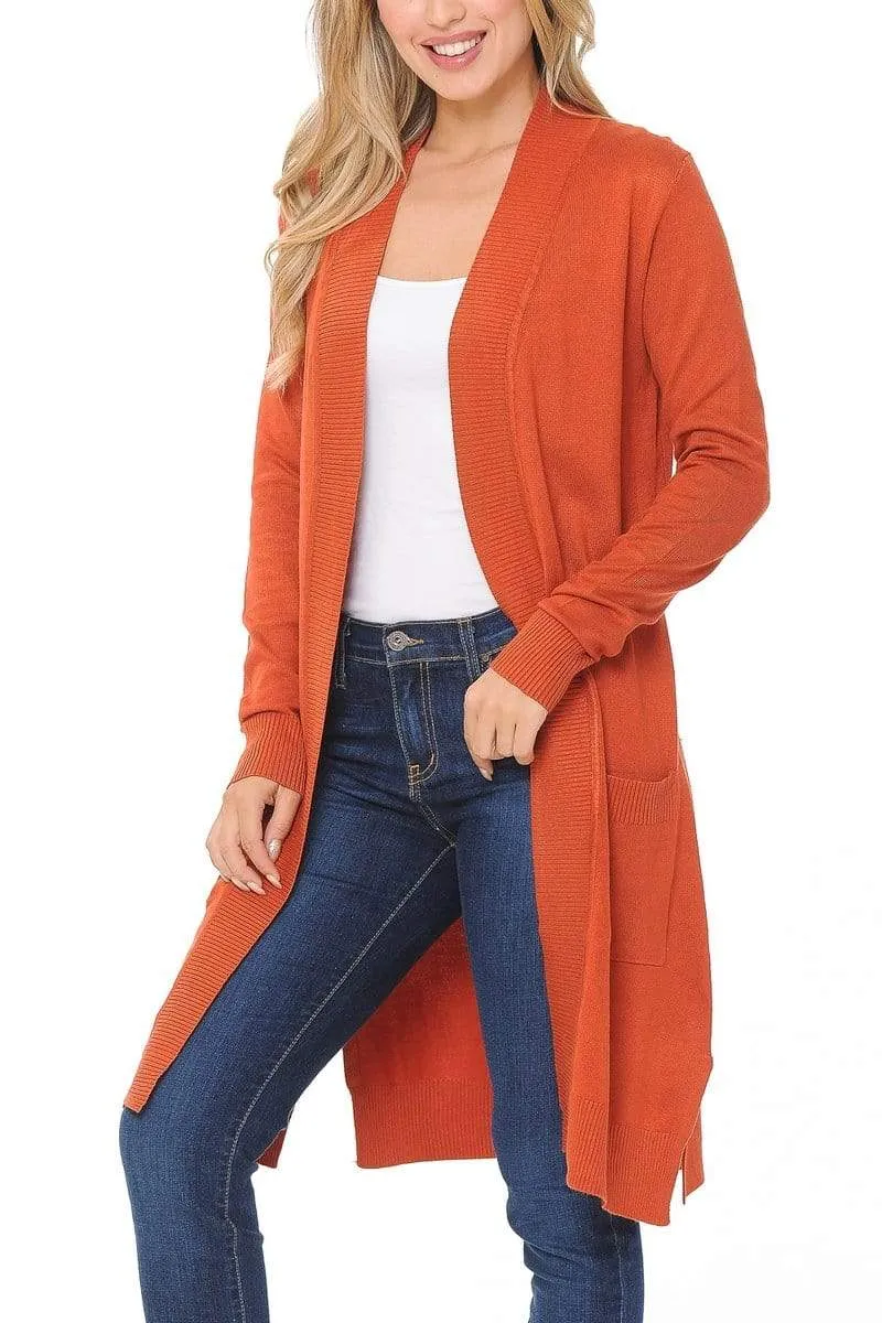 Auliné Collection Women's Classic Casual Solid Open Front Sweater Knit Long Cardigan