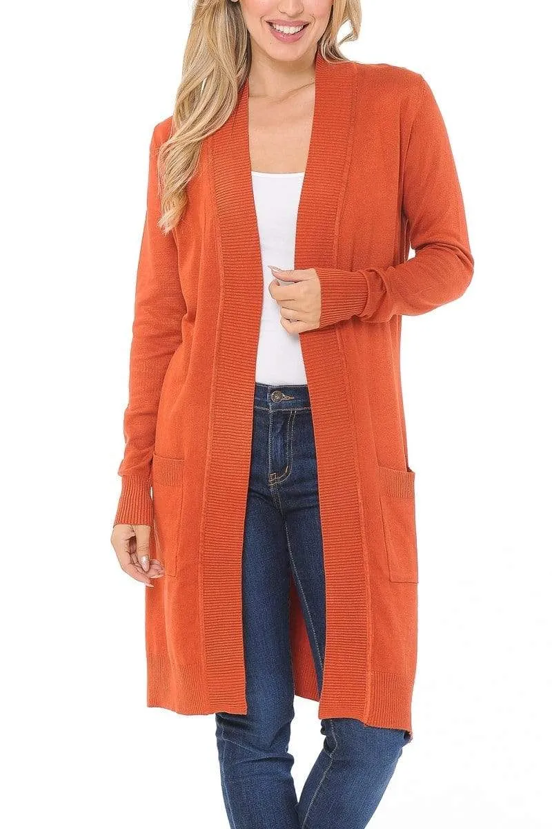 Auliné Collection Women's Classic Casual Solid Open Front Sweater Knit Long Cardigan