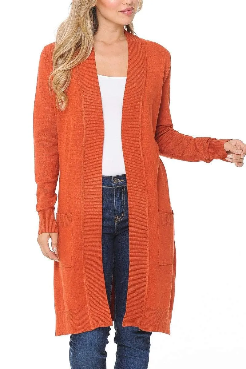 Auliné Collection Women's Classic Casual Solid Open Front Sweater Knit Long Cardigan