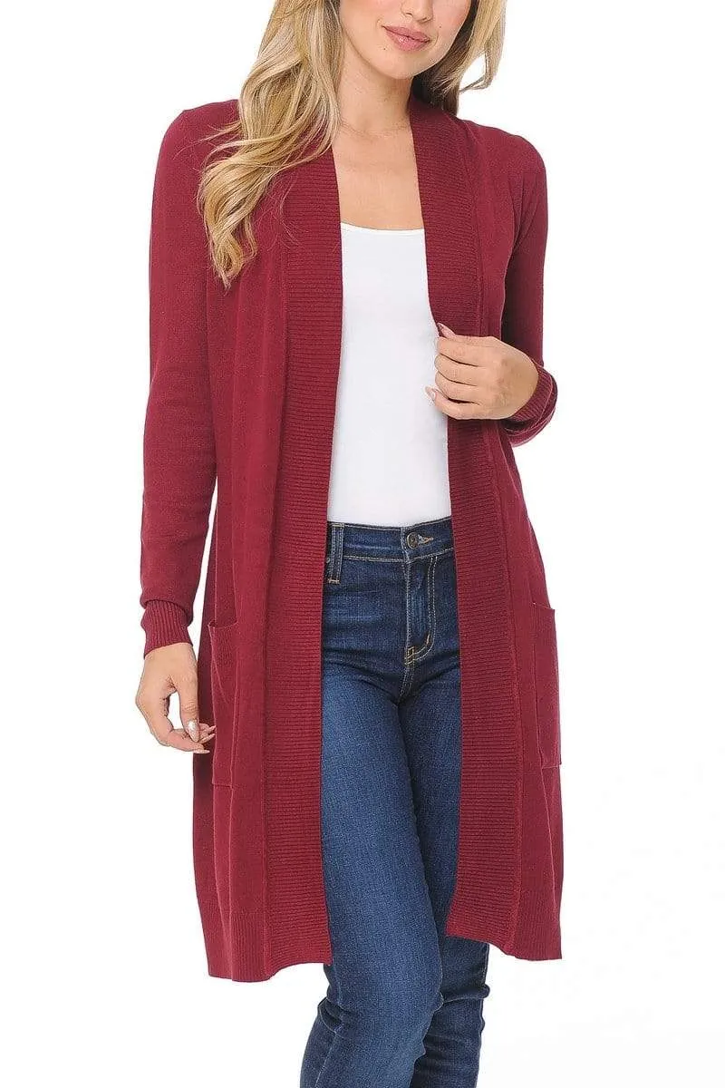 Auliné Collection Women's Classic Casual Solid Open Front Sweater Knit Long Cardigan