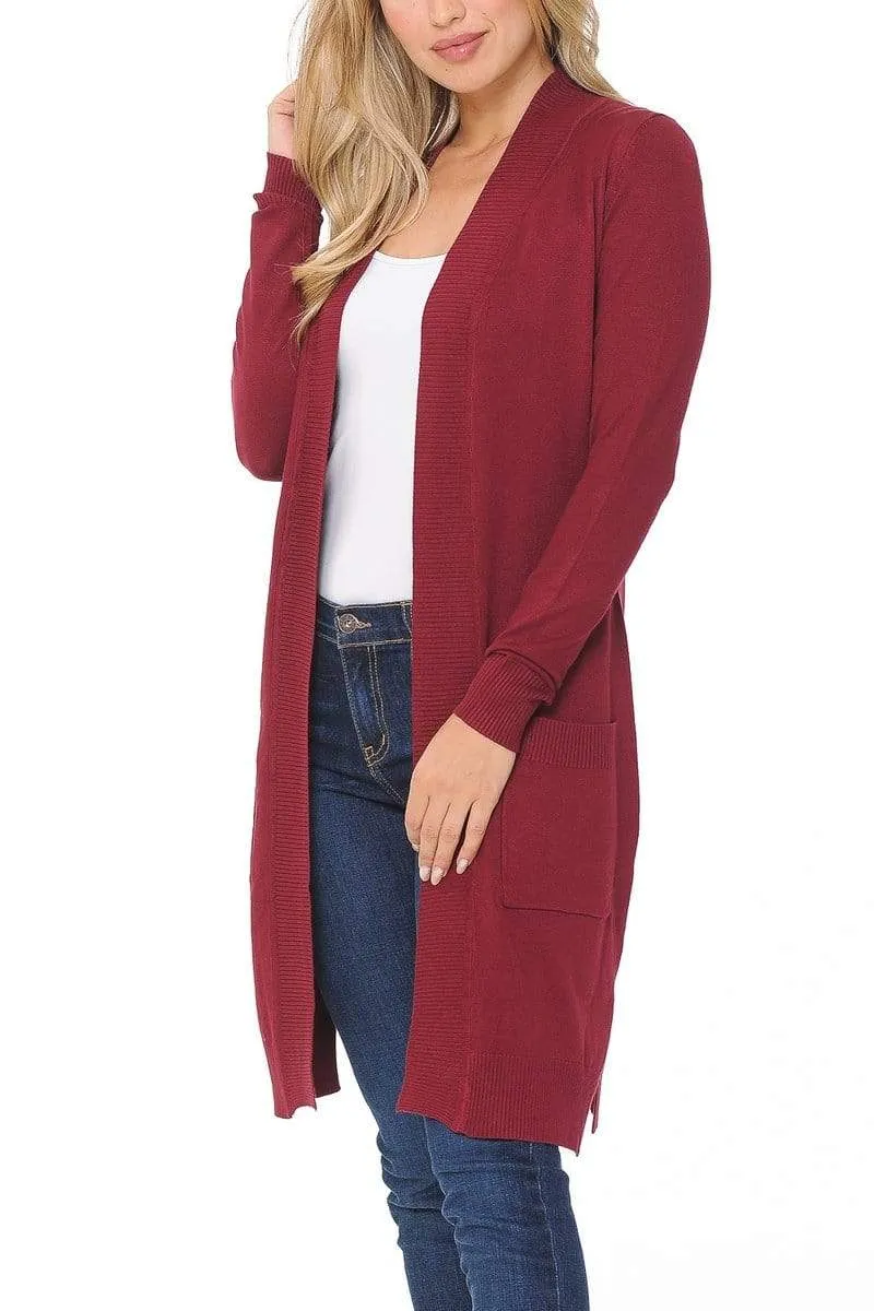 Auliné Collection Women's Classic Casual Solid Open Front Sweater Knit Long Cardigan