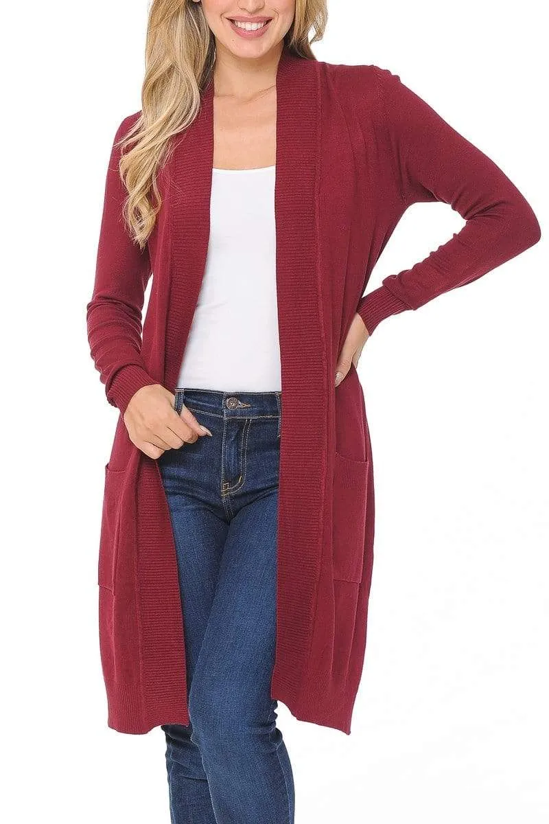 Auliné Collection Women's Classic Casual Solid Open Front Sweater Knit Long Cardigan