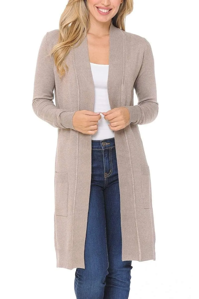 Auliné Collection Women's Classic Casual Solid Open Front Sweater Knit Long Cardigan