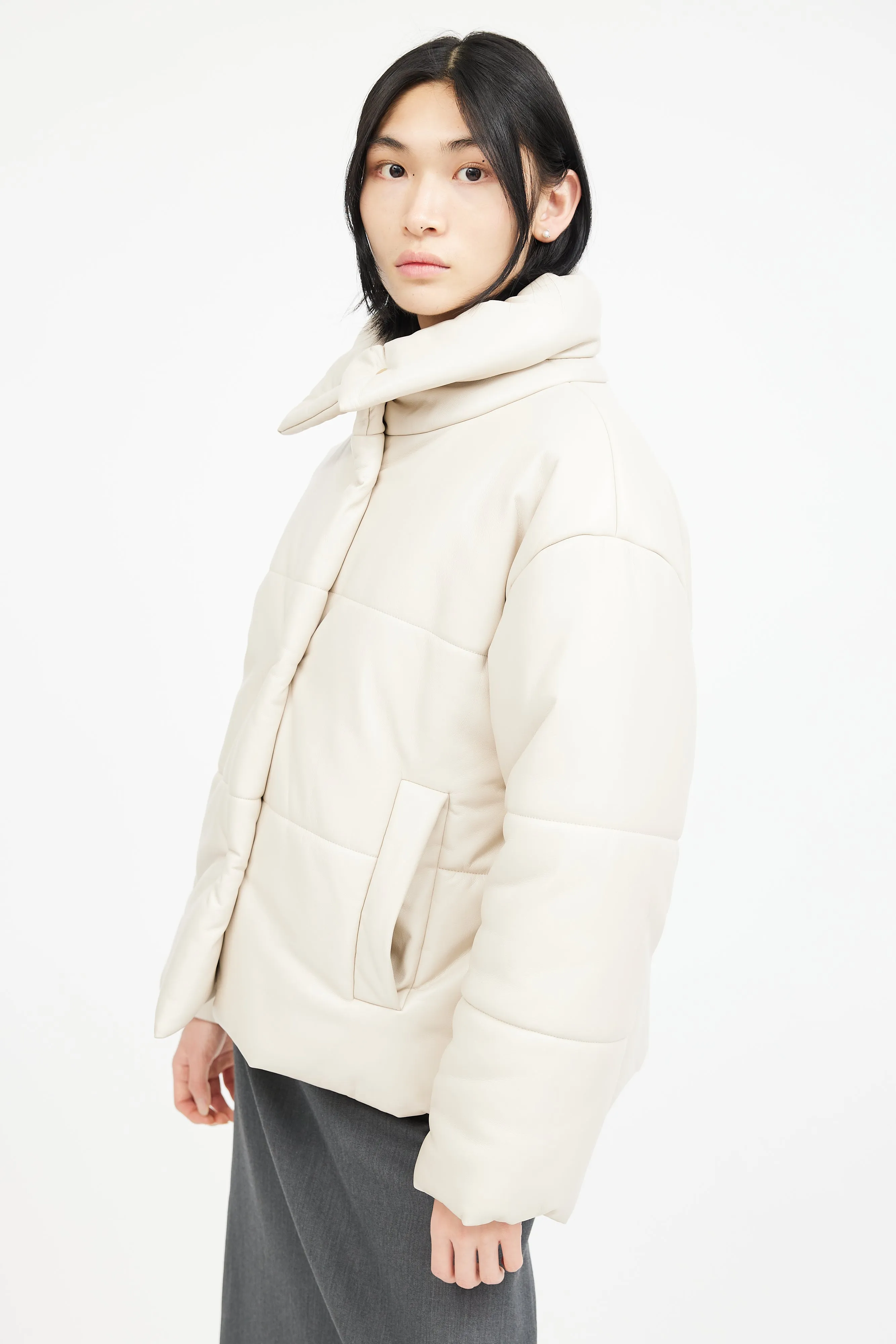 Beige Faux Leather Puffer Jacket