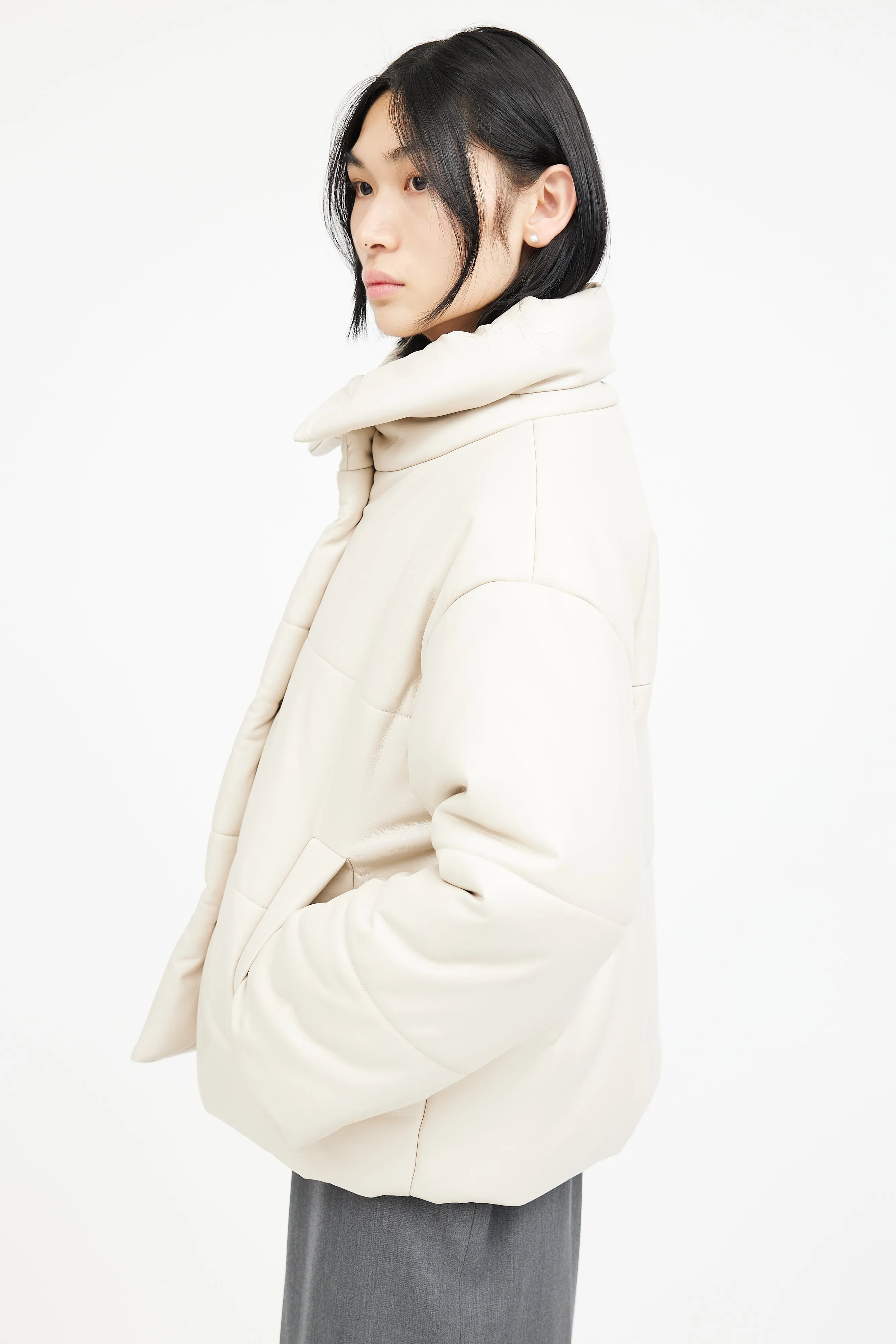 Beige Faux Leather Puffer Jacket