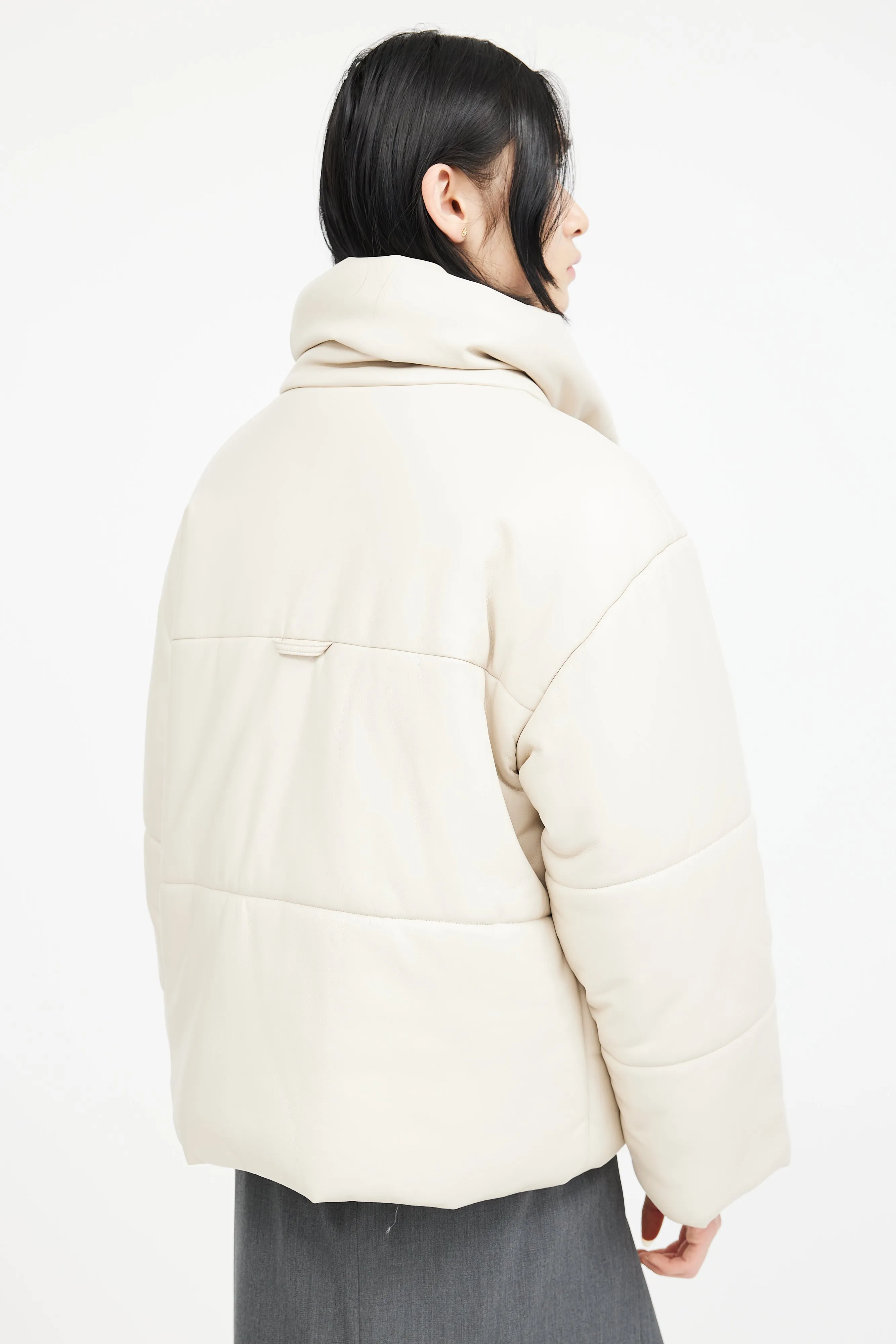 Beige Faux Leather Puffer Jacket