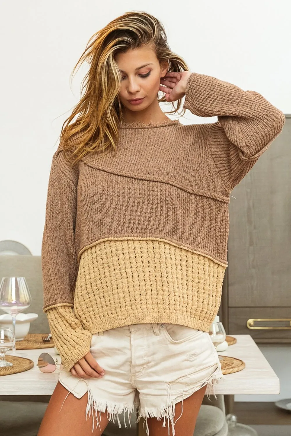 BiBi Texture Detail Contrast Drop Shoulder Sweater