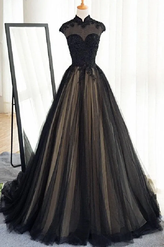 Black tulle cap sleeves floor-length long prom dresses,luxury dresses,BS023