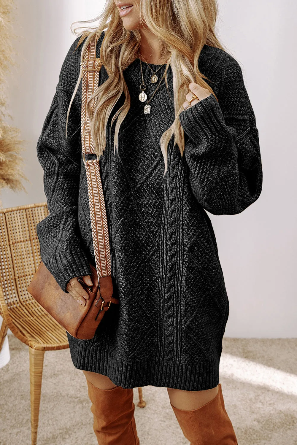 Black Twist Cable Knit Drop Shoulder Loose Fit Sweater Dress