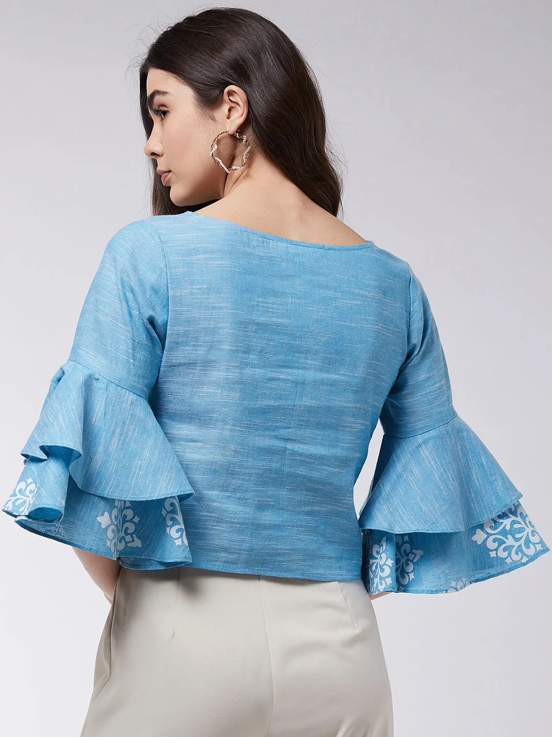 Block Printed Chambray Top With Bell Sleeves