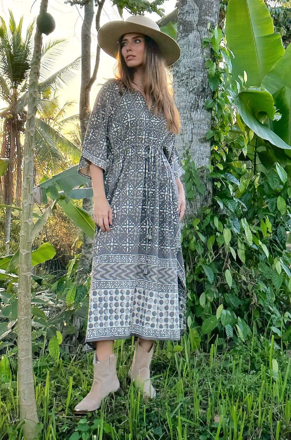 Block-Printed Cotton Kaftan in Cedar