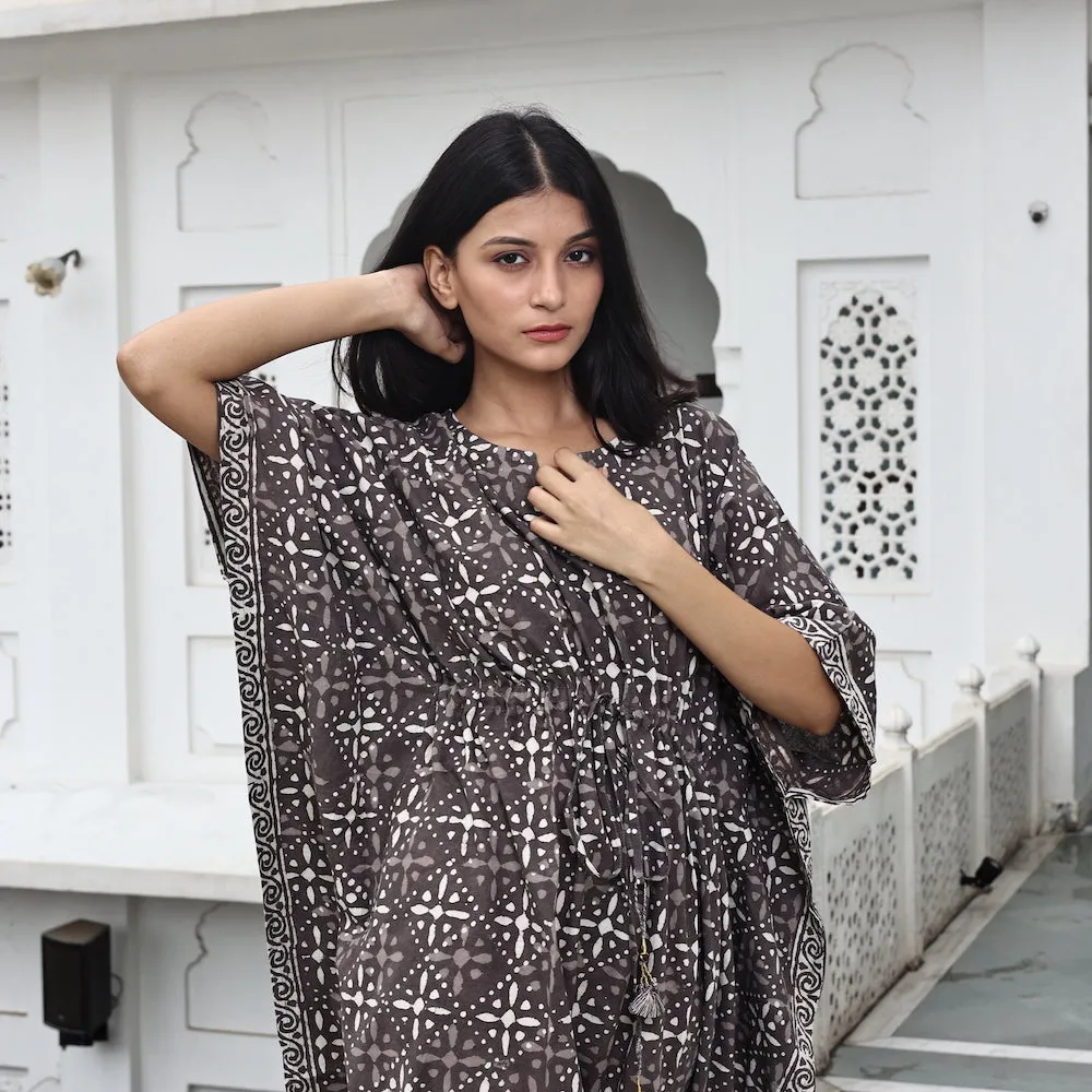 Block-Printed Cotton Kaftan in Cedar