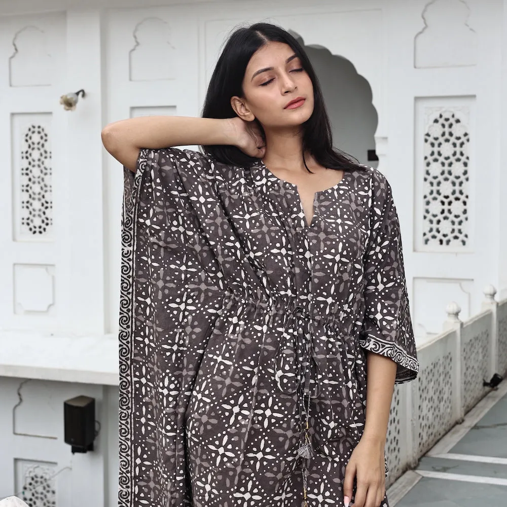 Block-Printed Cotton Kaftan in Cedar