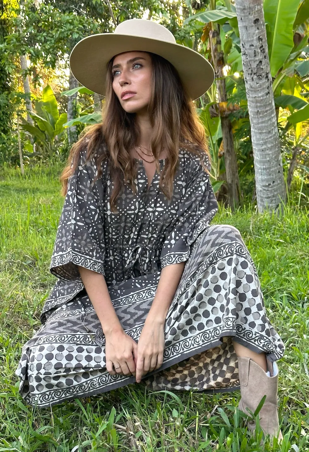 Block-Printed Cotton Kaftan in Cedar