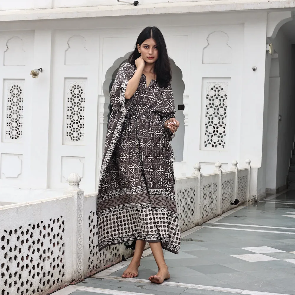 Block-Printed Cotton Kaftan in Cedar