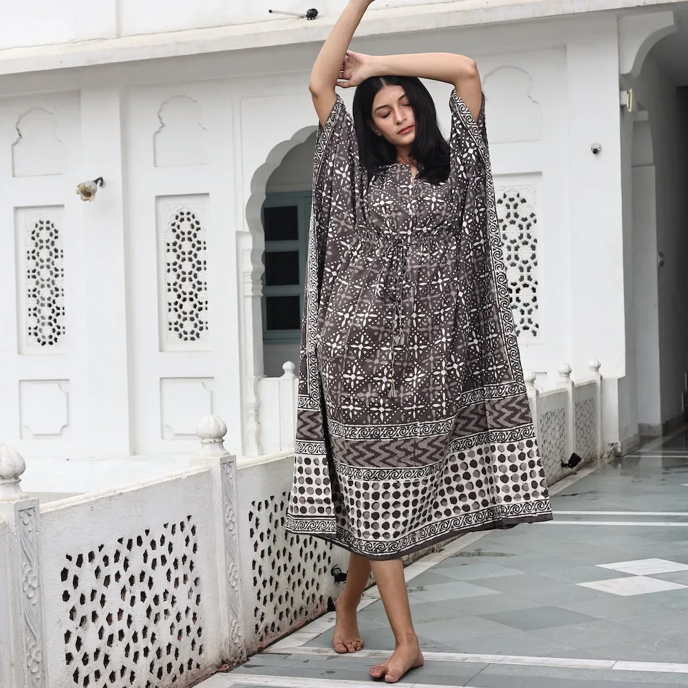 Block-Printed Cotton Kaftan in Cedar