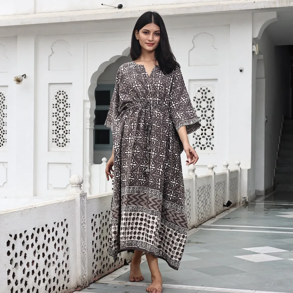 Block-Printed Cotton Kaftan in Cedar