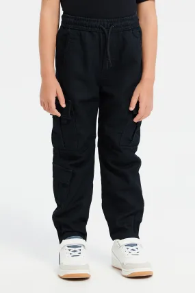 Boys Black Cargo Pocket Denim Joggers