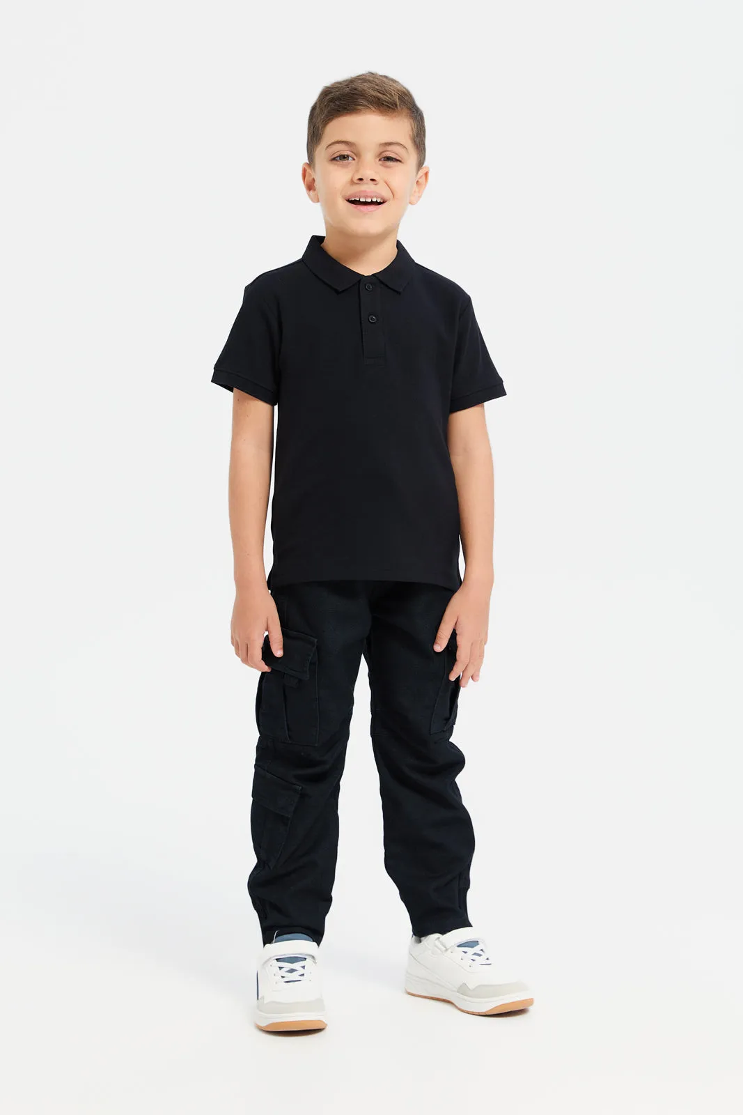 Boys Black Cargo Pocket Denim Joggers