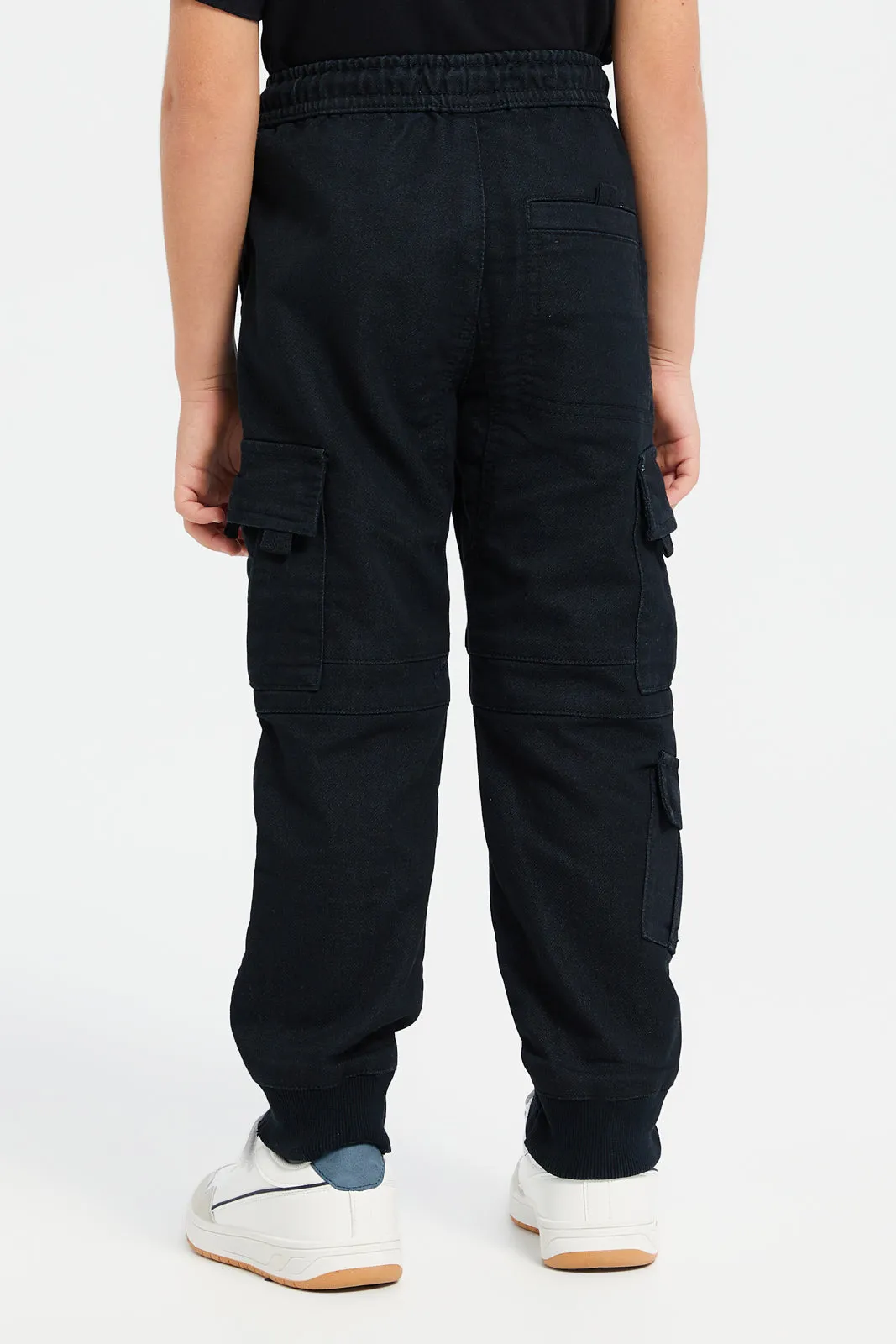 Boys Black Cargo Pocket Denim Joggers