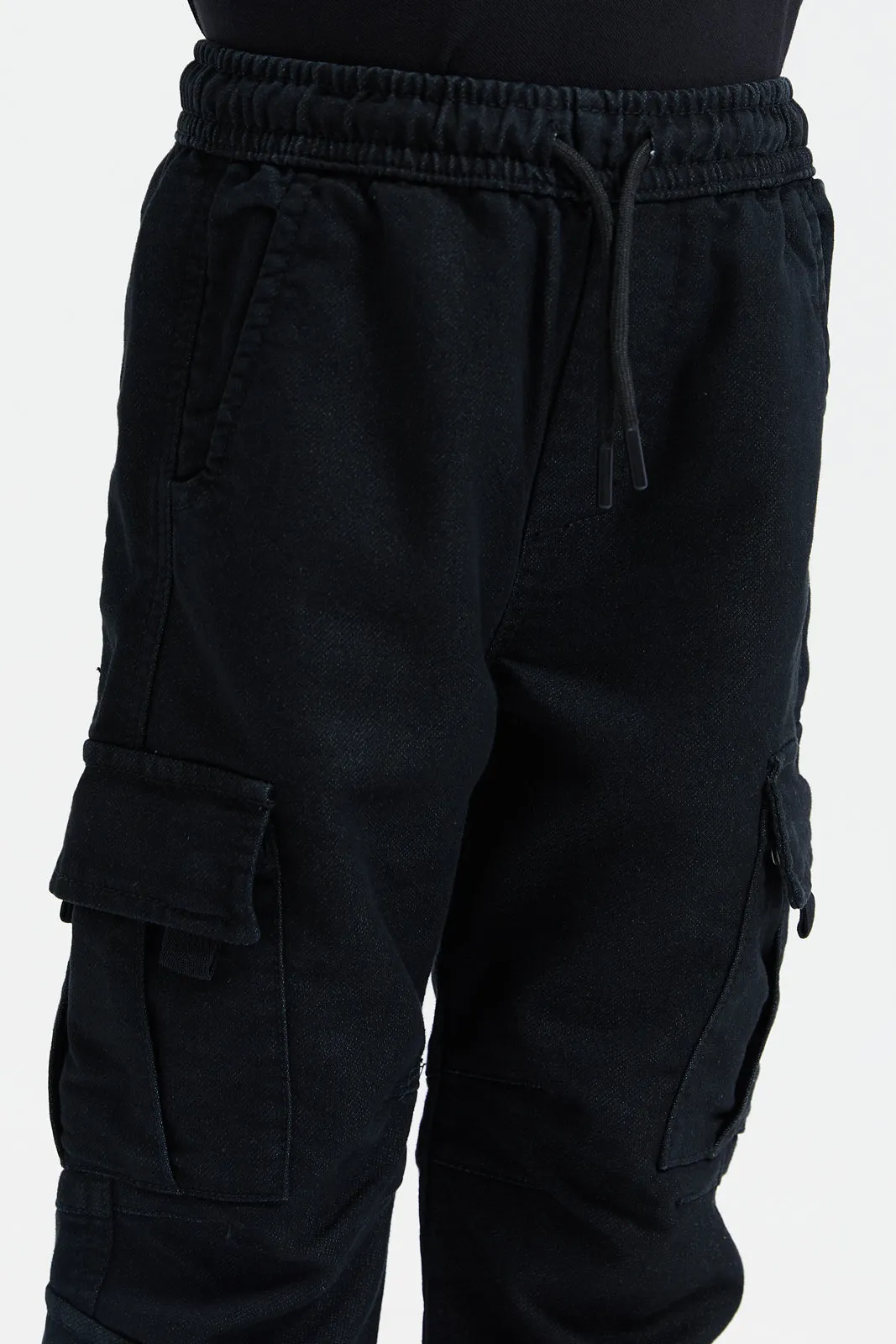 Boys Black Cargo Pocket Denim Joggers