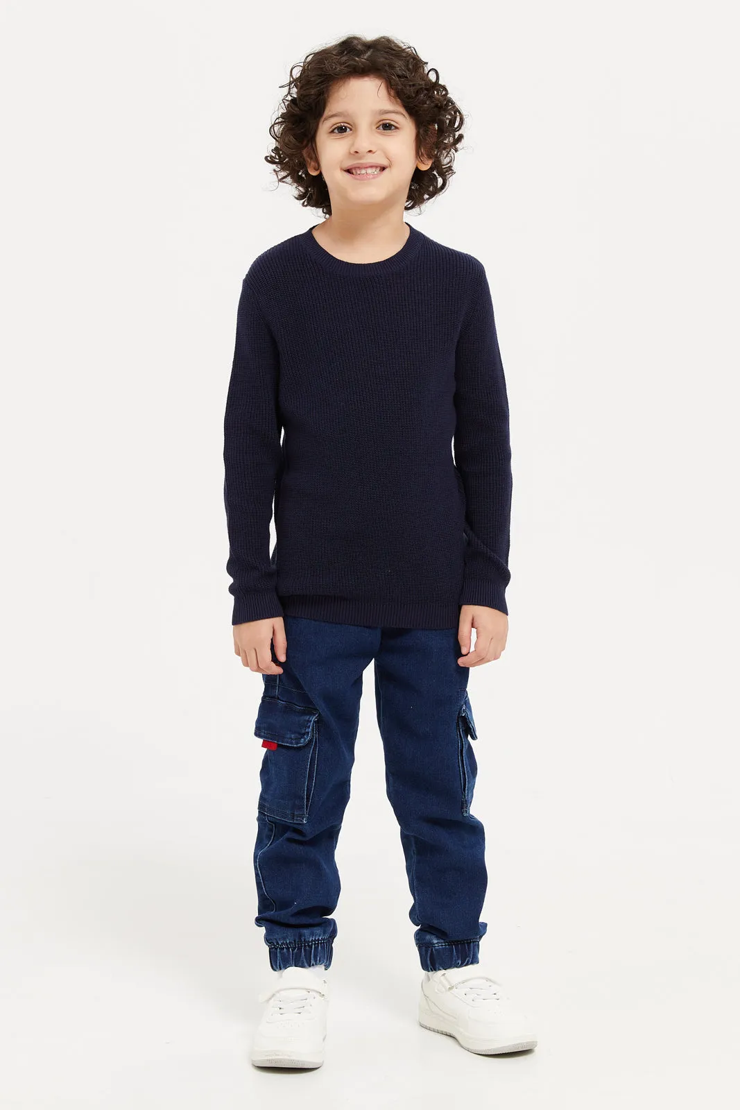 Boys Navy Wash Cargo Pocket Knit Denim Joggers