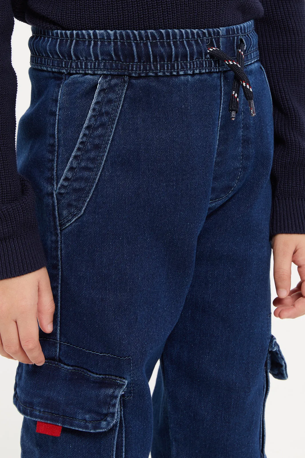 Boys Navy Wash Cargo Pocket Knit Denim Joggers