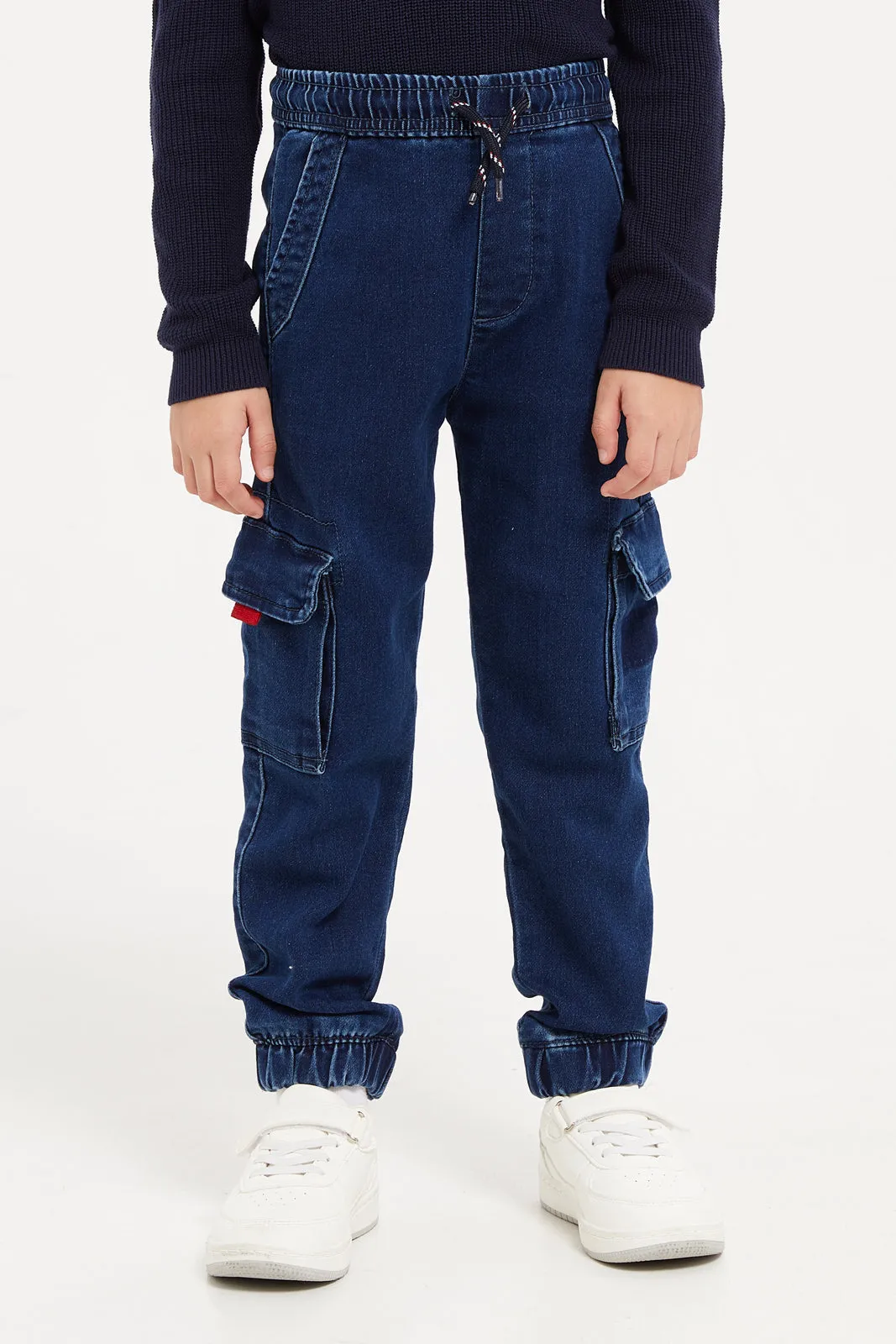 Boys Navy Wash Cargo Pocket Knit Denim Joggers