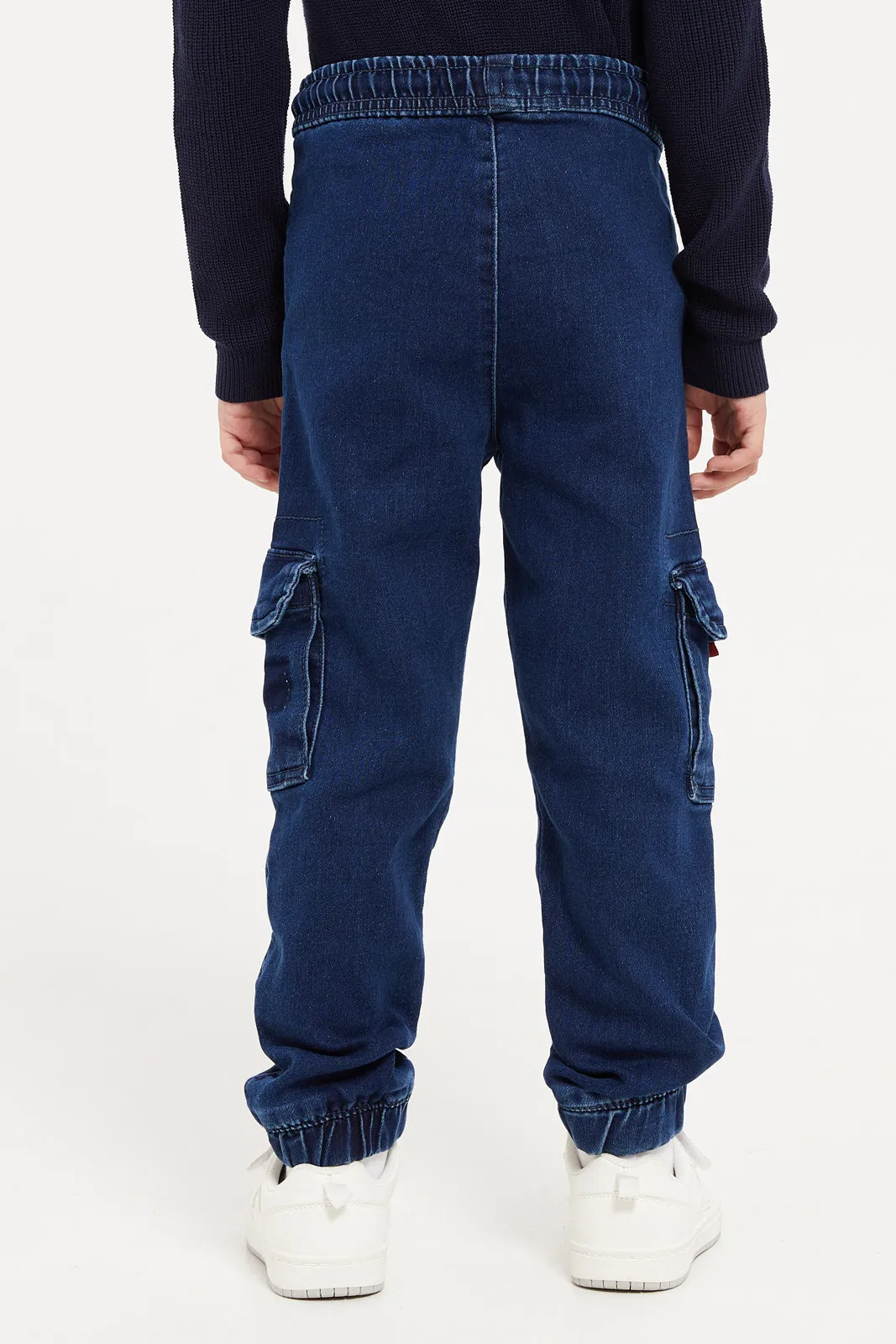 Boys Navy Wash Cargo Pocket Knit Denim Joggers