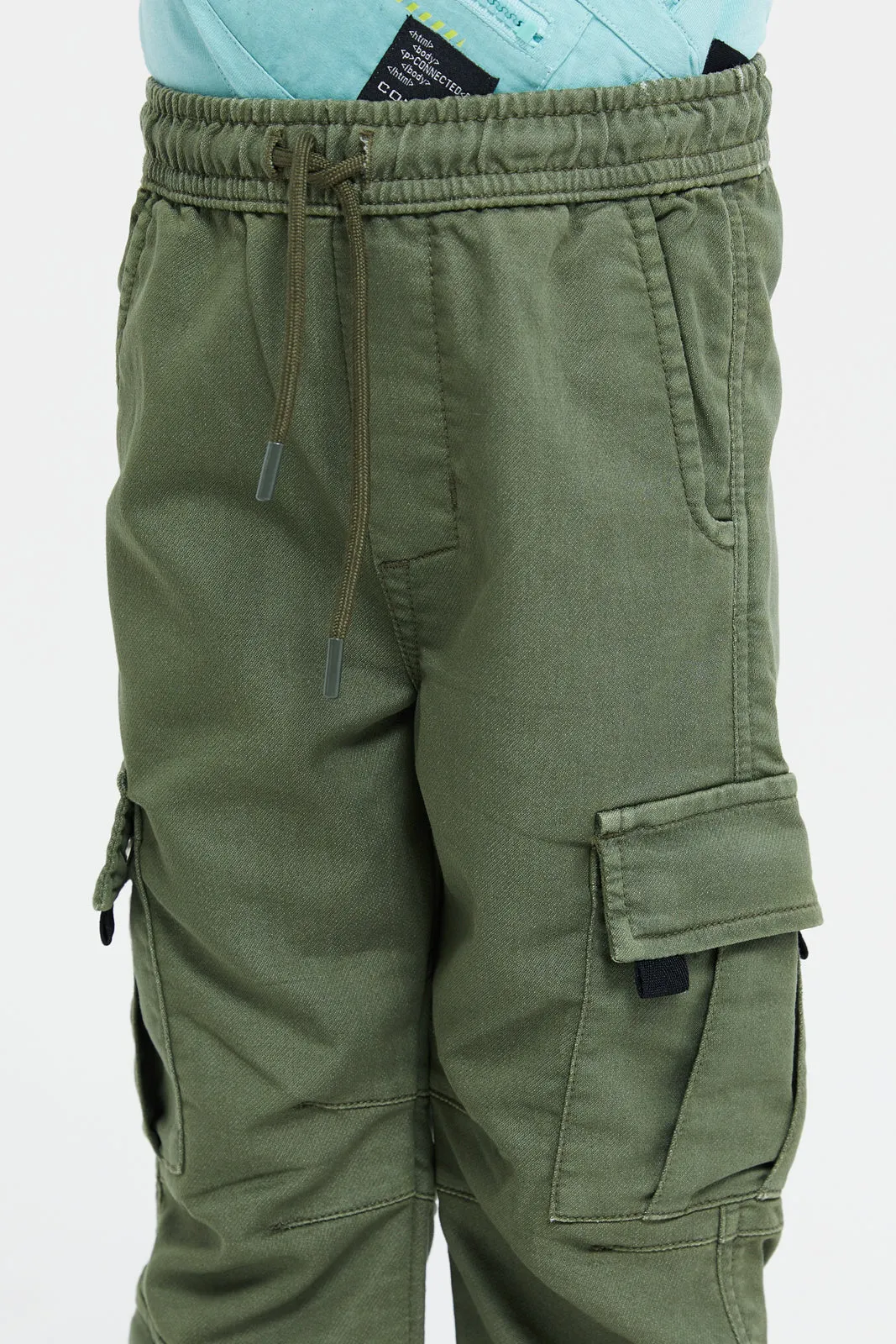 Boys Olive Cargo Pocket Denim Joggers