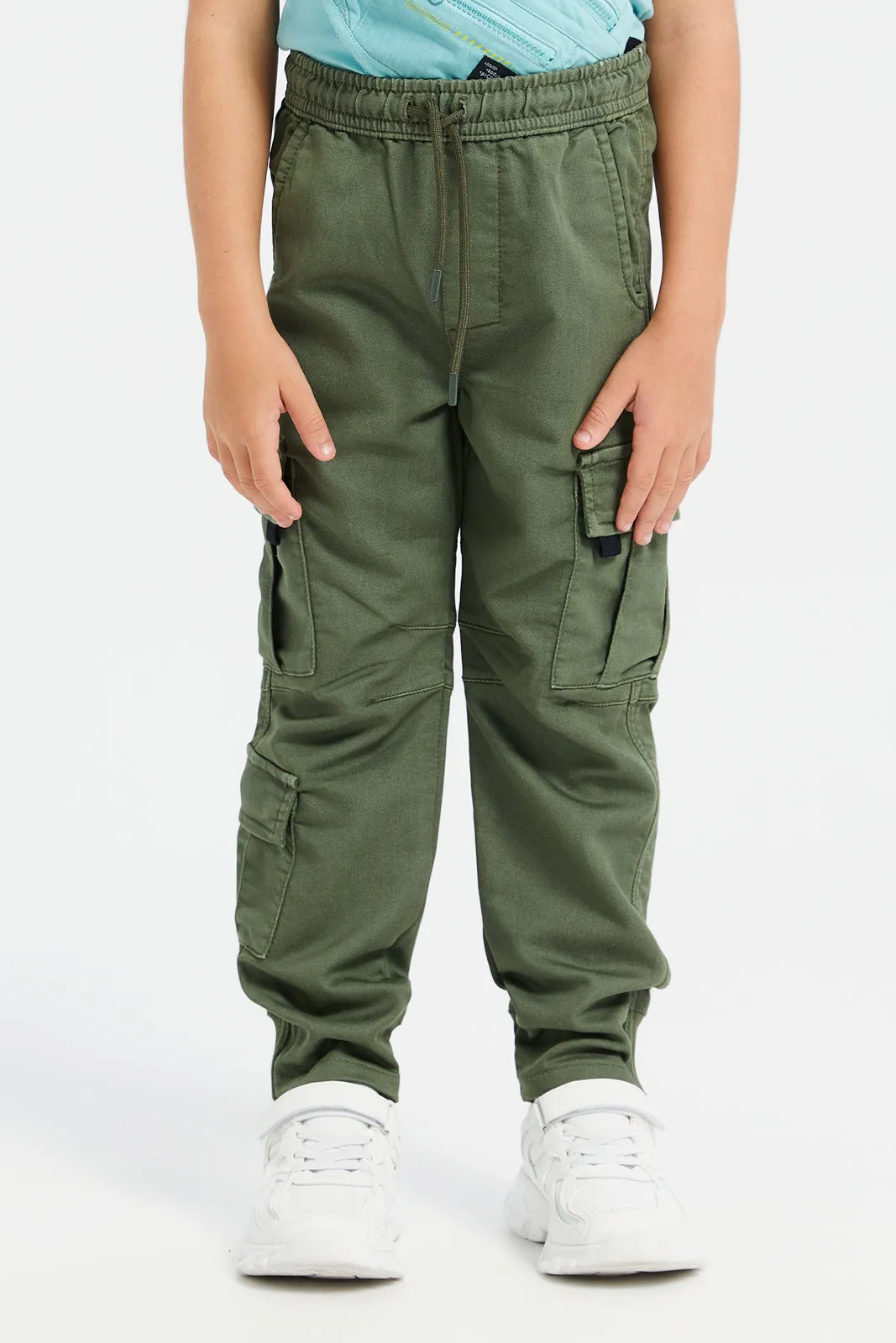 Boys Olive Cargo Pocket Denim Joggers