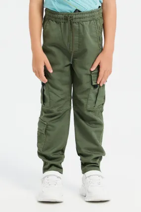 Boys Olive Cargo Pocket Denim Joggers