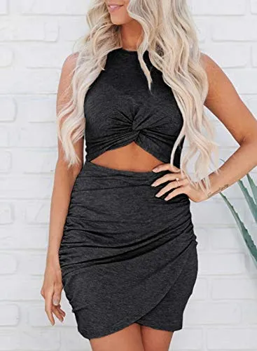 BTFBM Women 2023 Summer Sleeveless Casual Crewneck Bodycon Tank Dress Cutout Twist Slim Wrap Club Party Evening Dresses(Solid Black, X-Large)