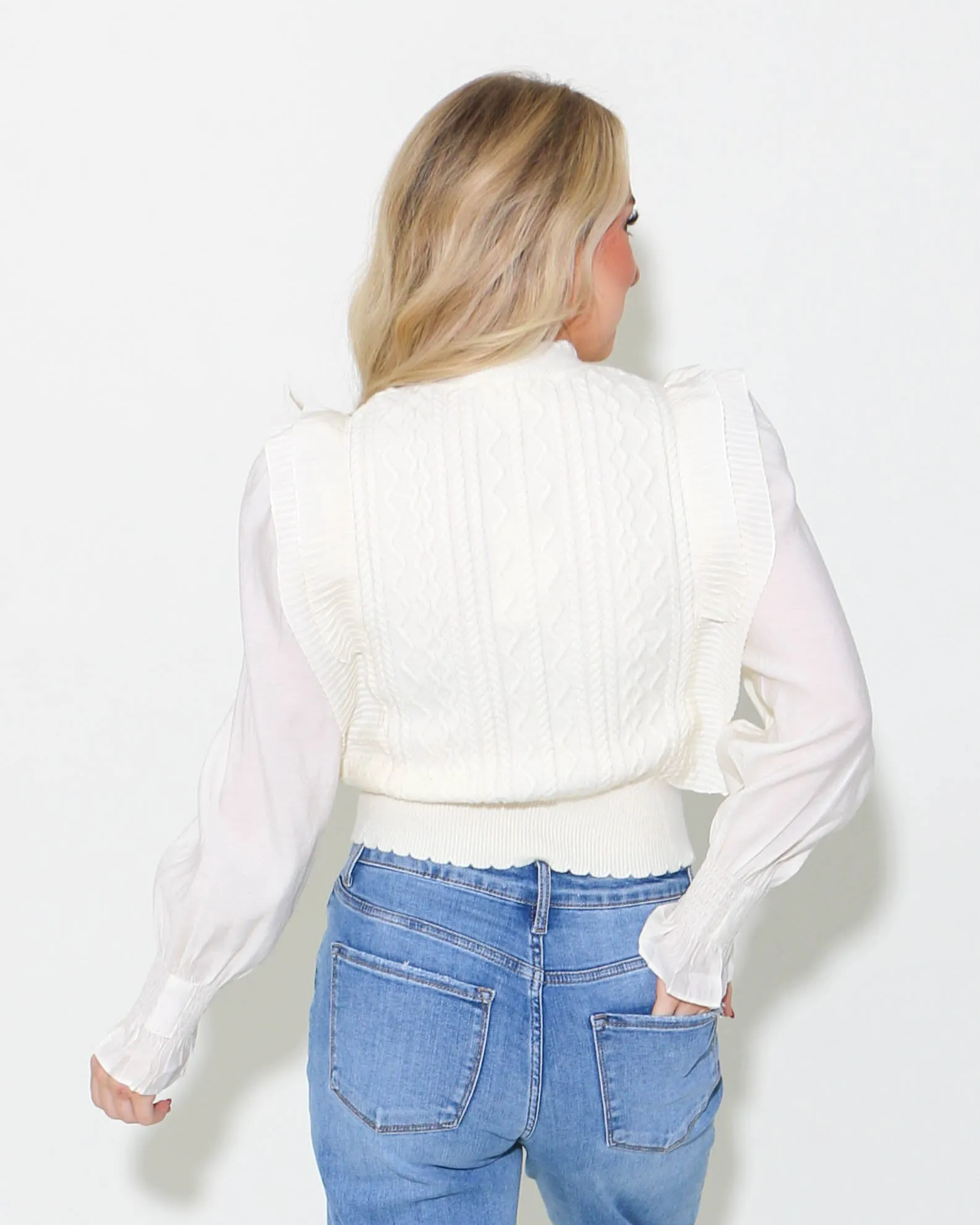 Cable Knit Sweater with Woven Sleeves