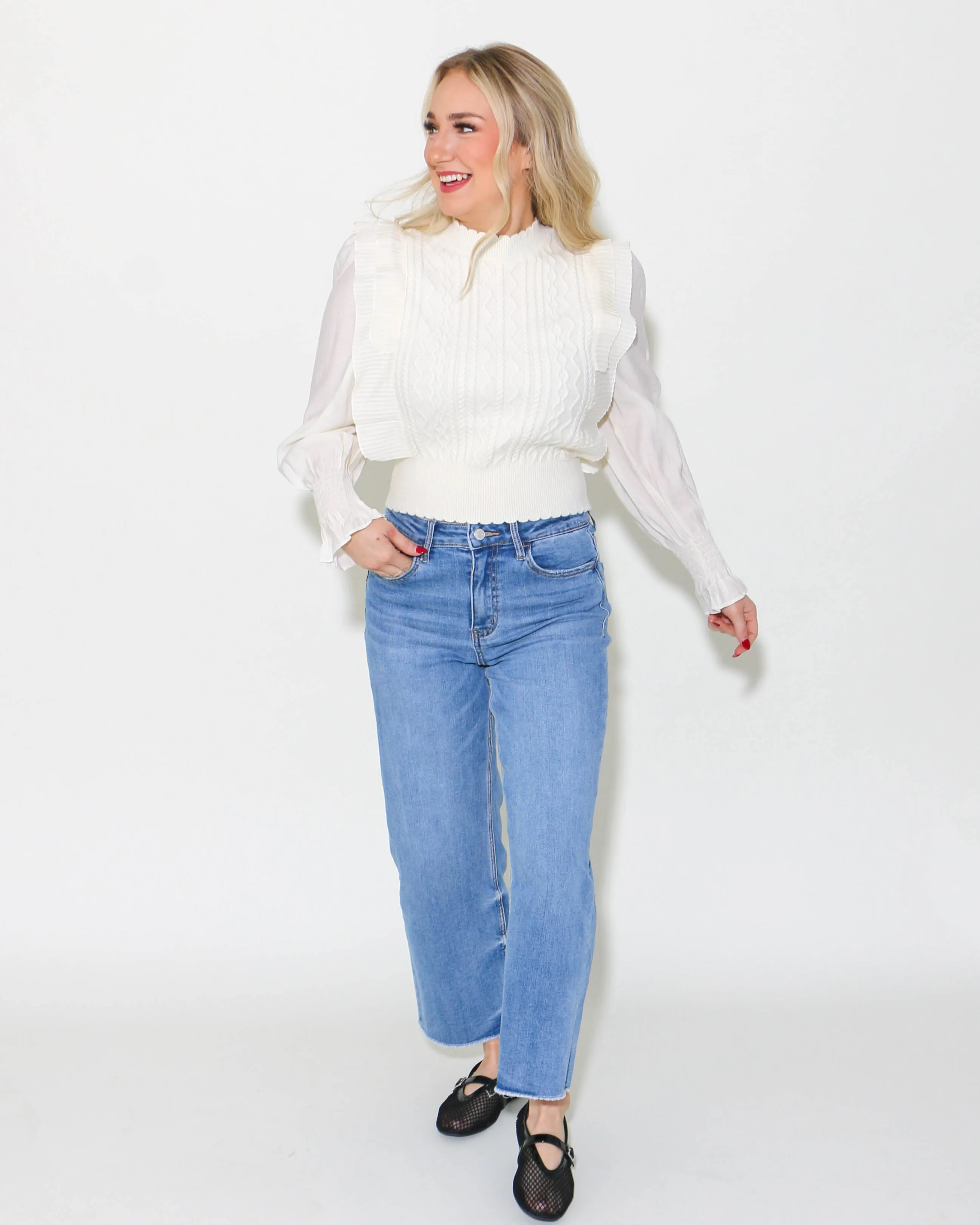 Cable Knit Sweater with Woven Sleeves