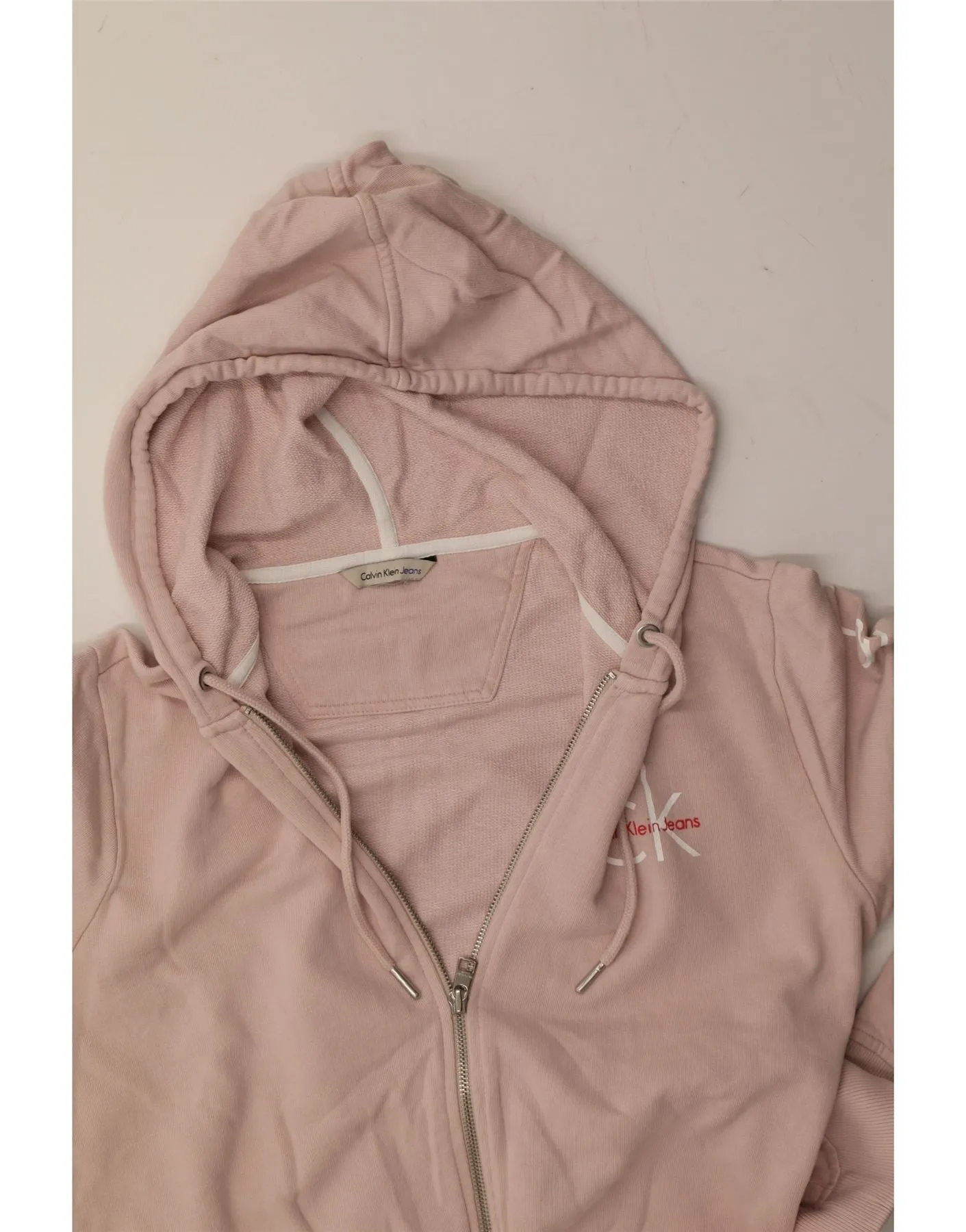 CALVIN KLEIN JEANS Womens Crop Graphic Zip Hoodie Sweater UK 16 Large Pink