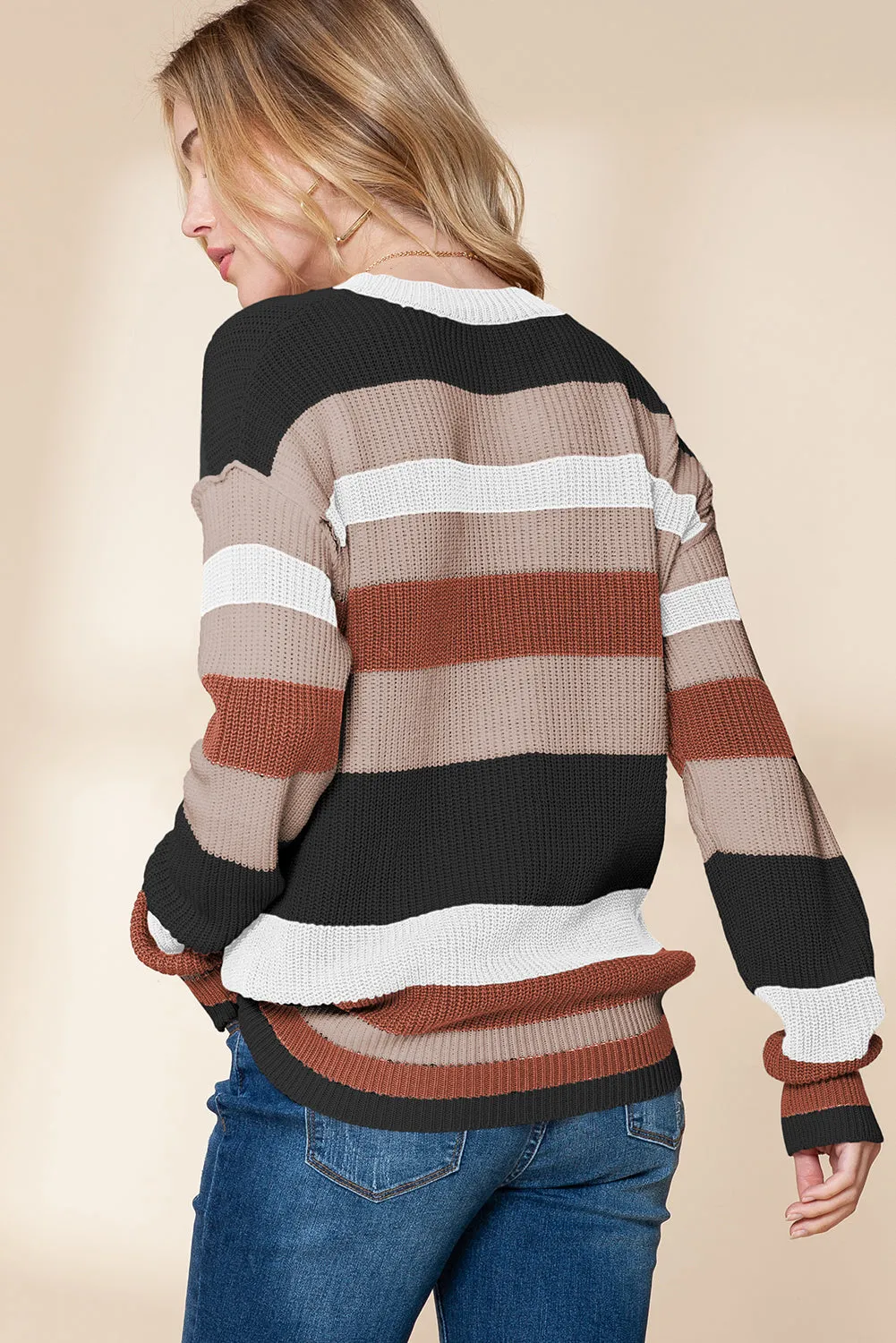 Camel Ribbed Round Neck Color Block Knitted Sweater