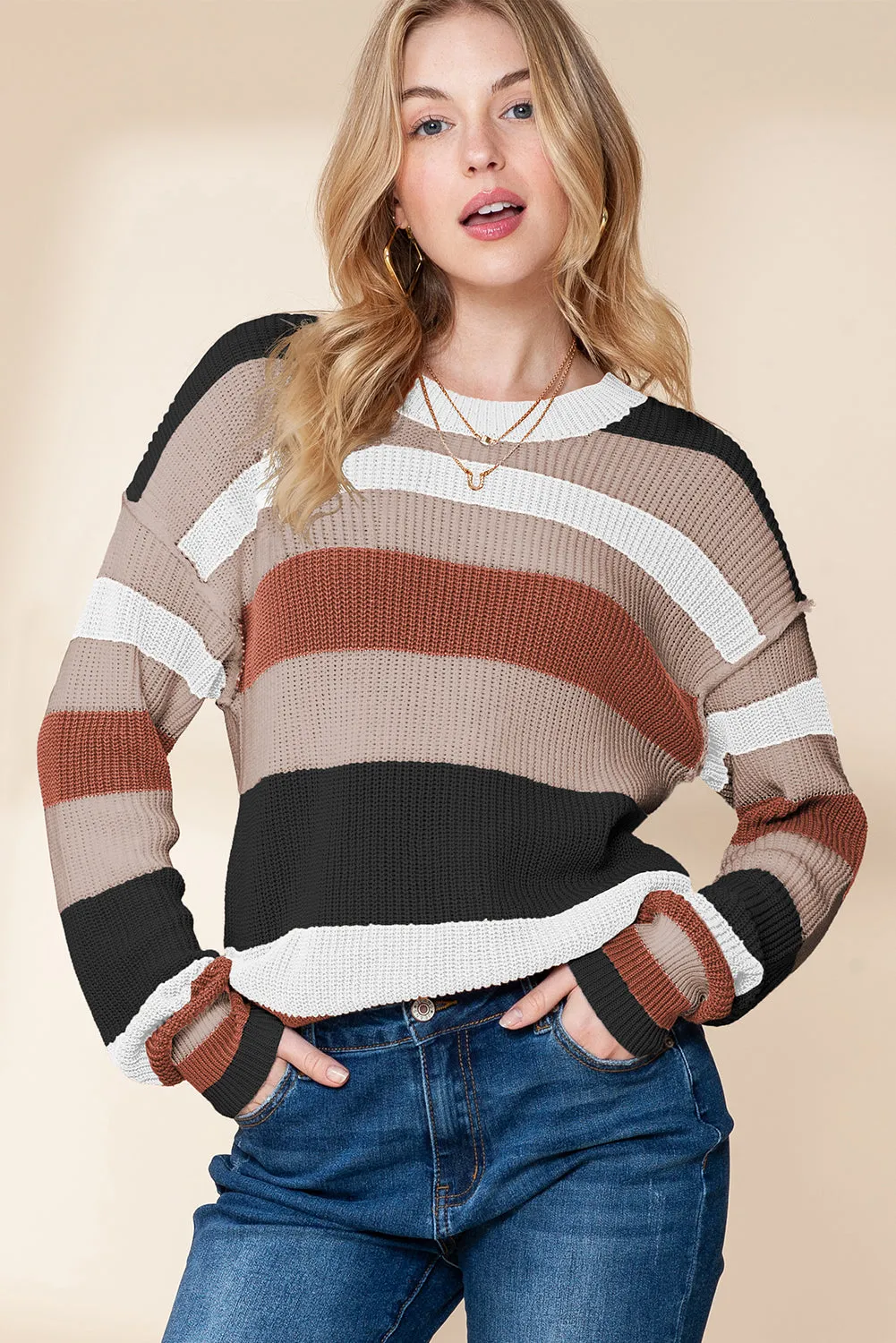 Camel Ribbed Round Neck Color Block Knitted Sweater