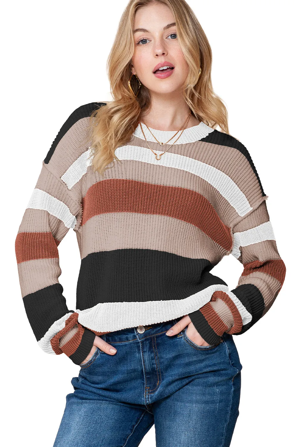 Camel Ribbed Round Neck Color Block Knitted Sweater