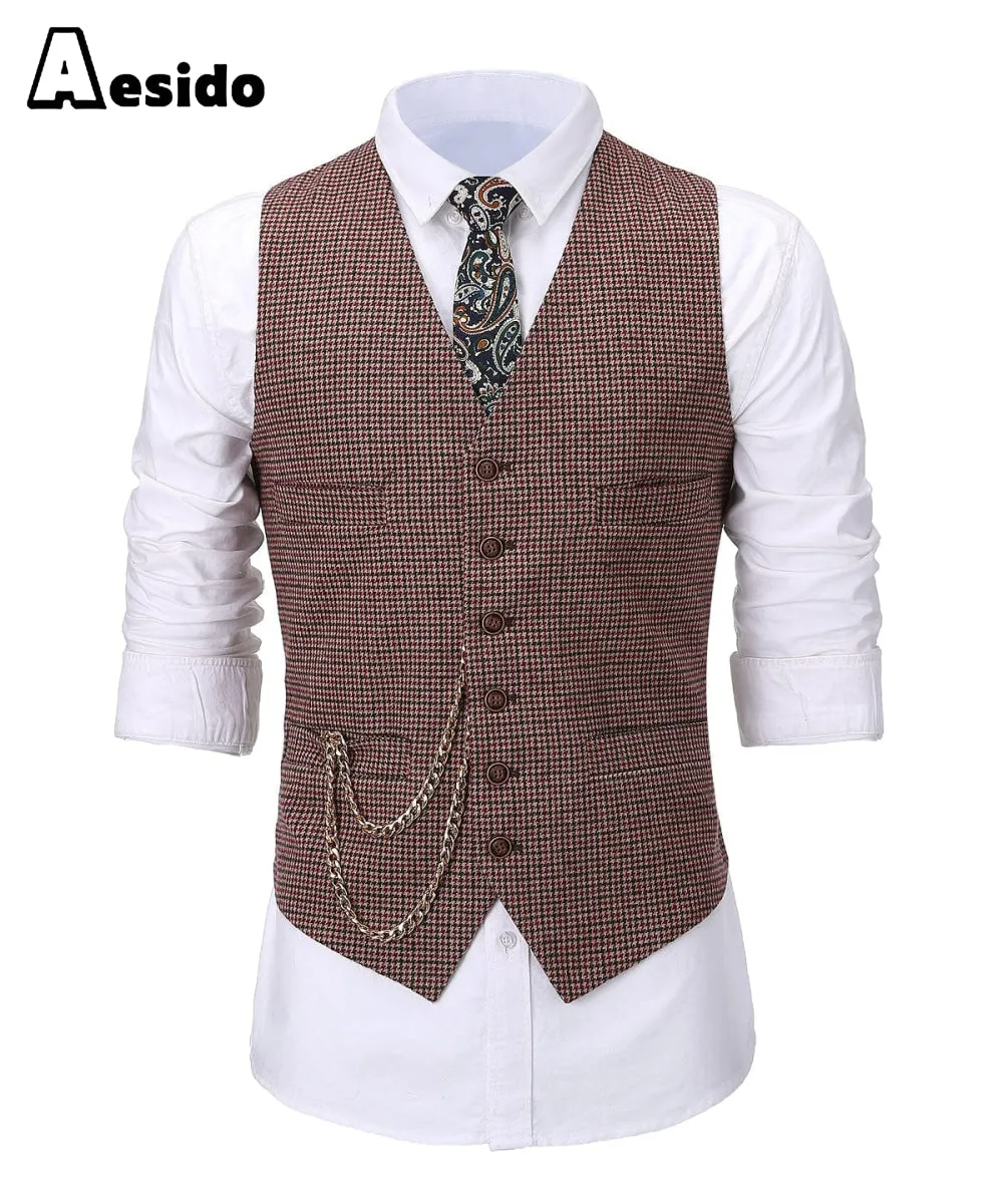 Casual Men's Suit Vest Houndstooth Notch Lapel Waistcoat