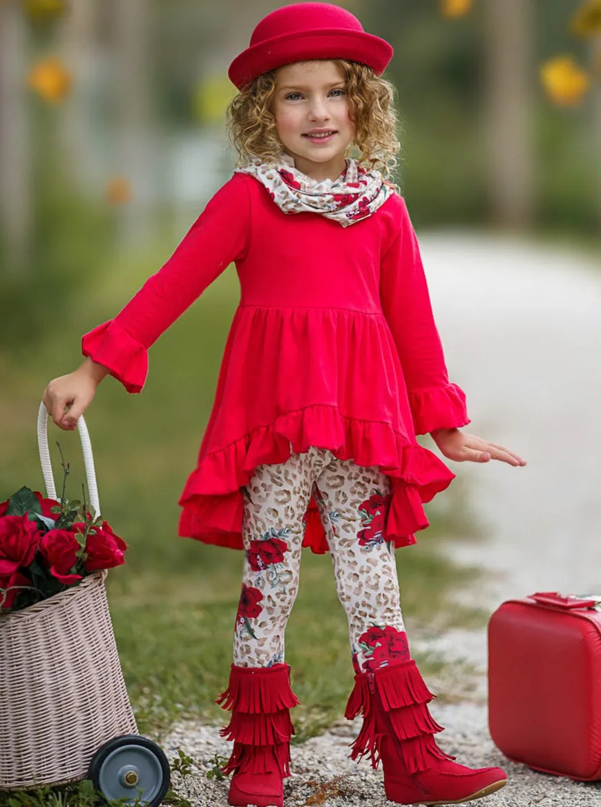 Cherry Floral Animal Print Tunic, Legging And Scarf Set